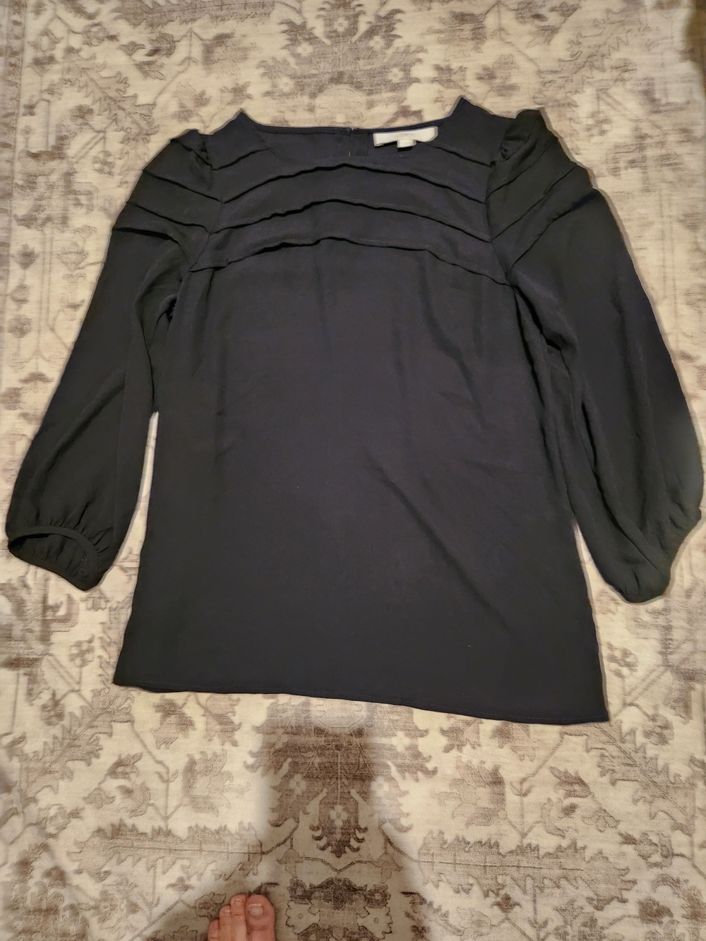 LOFT Black Long-Sleeve Pleated Yoke Top